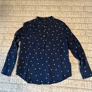 J. Crew women’s 100% Silk Navy Button Down with White polka Dots